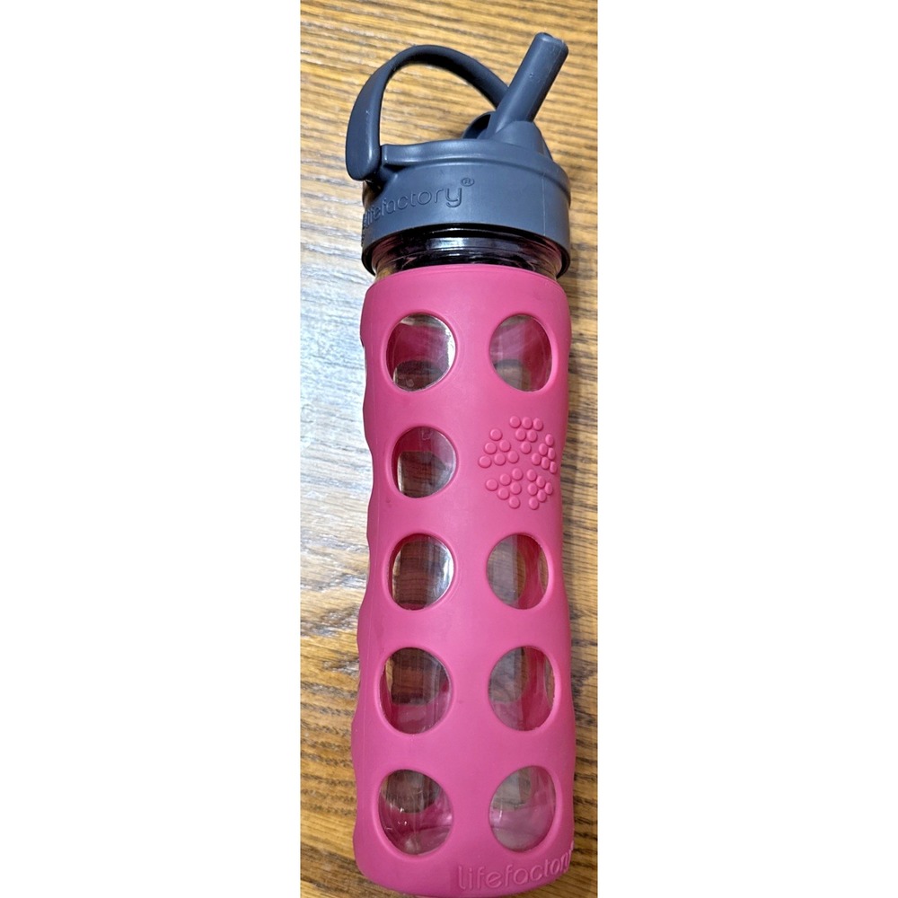14oz LIFEFACTORY Glass Water Bottle with Flip Cap Straw & Silicone Sleeve Pink